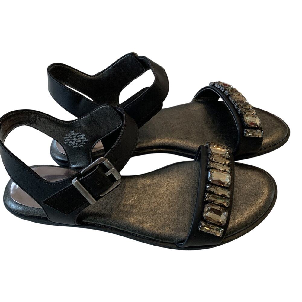 Size 9M E Collection Womens Sandals "ES Diamond" Black  Bejeweled Flat